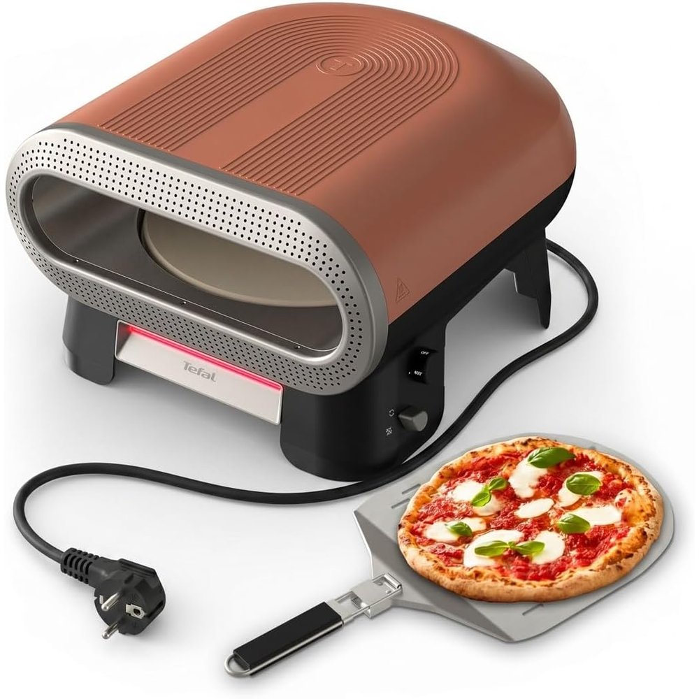 Le Tefal Pizza Pronto terre cuite, sa pelle et une pizza margherita