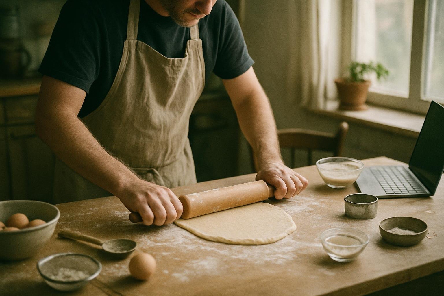 Préparation de pâte avec des outils de mesure de l'épaisseur pour une cuisson parfaite.