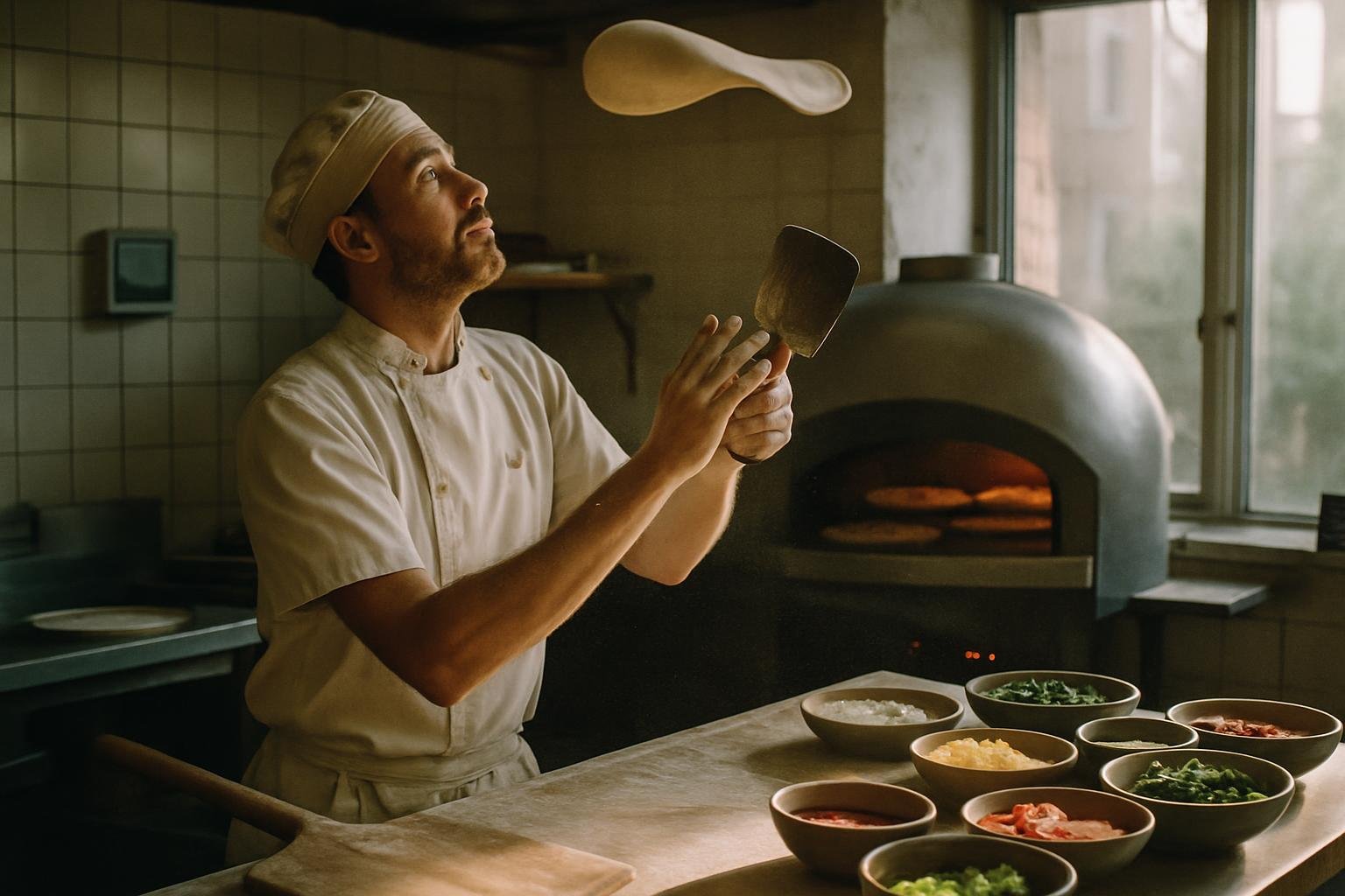 Ustensiles essentiels pour préparer des pizzas à la maison, incluant rouleau et pierre à pizza.