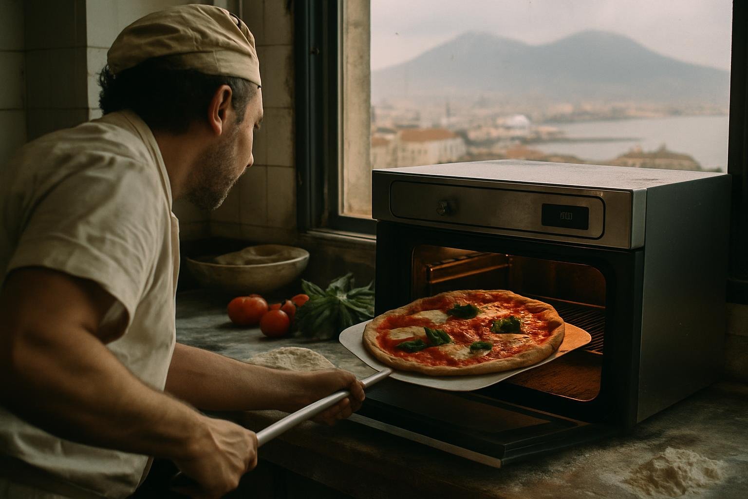 Préparation d'une pizza napolitaine dans un four électrique, ambiance cuisine italienne