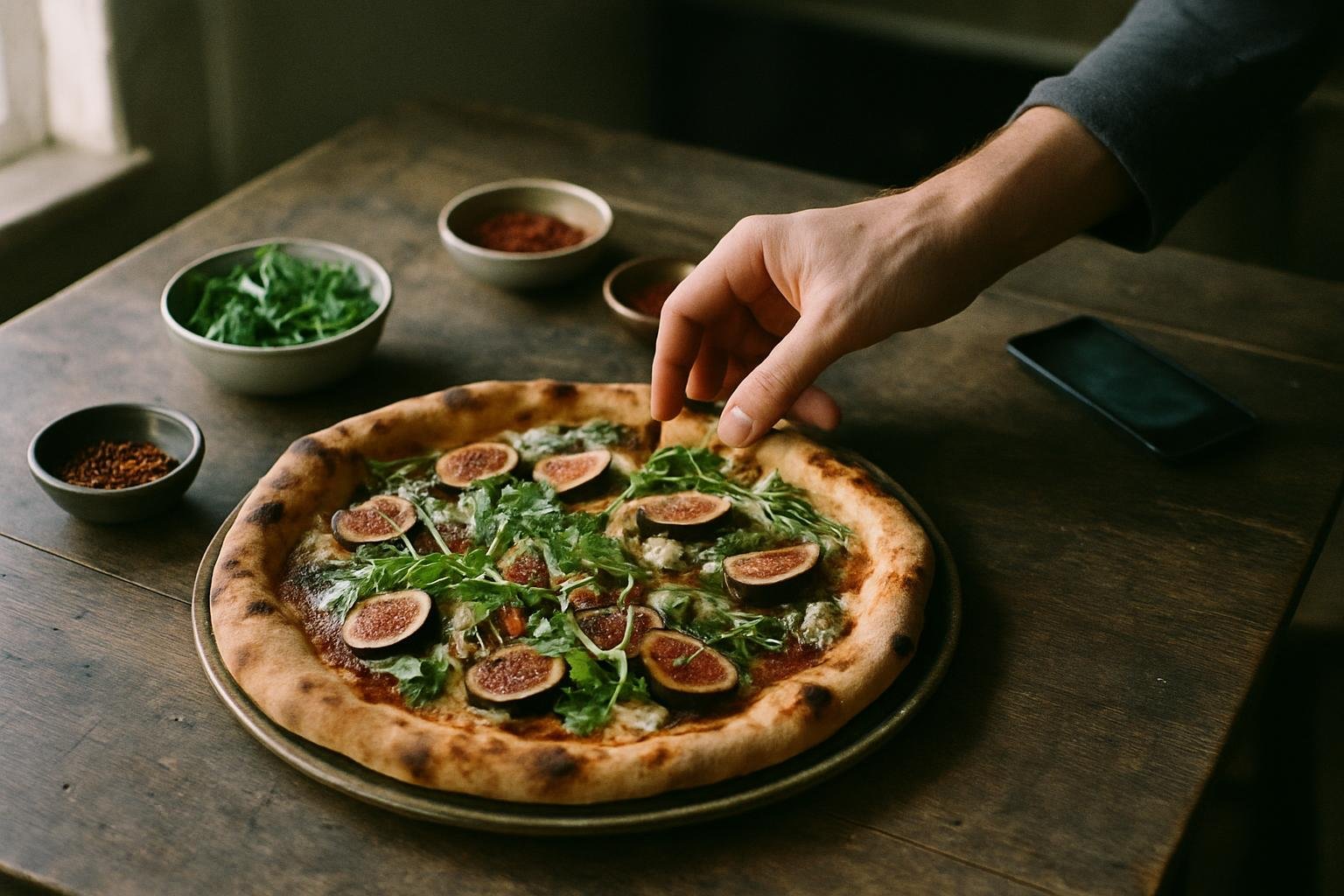 Pizza personnalisée avec des garnitures originales et créatives pour un repas savoureux.