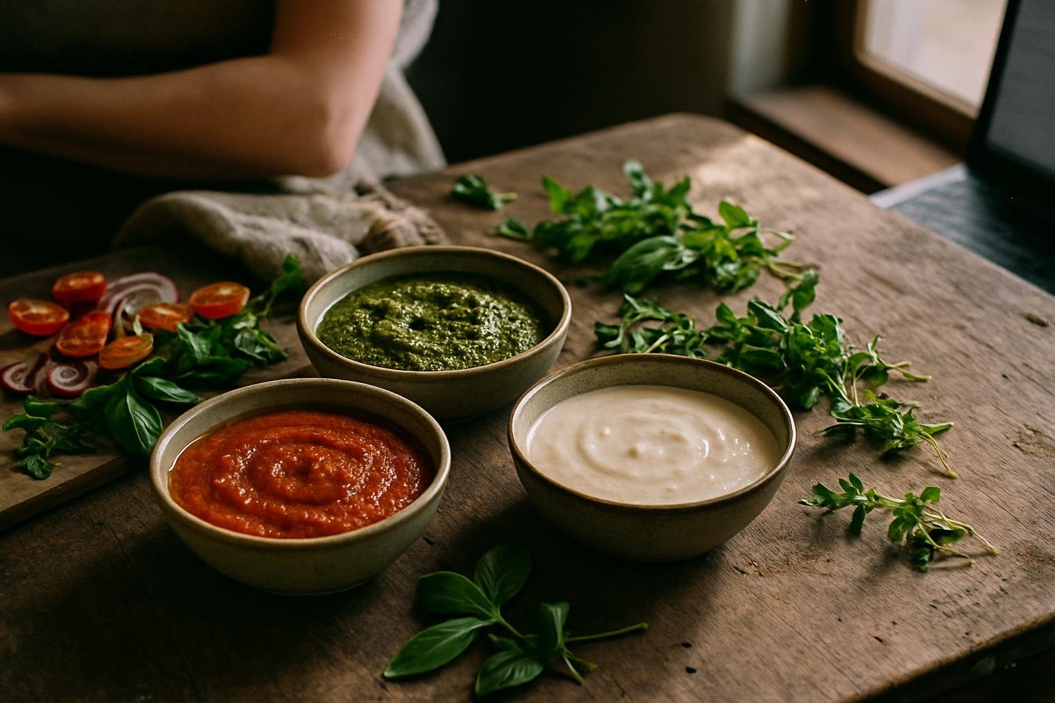 Un assortiment de sauces délicieuses pour accompagner des pizzas faites maison.