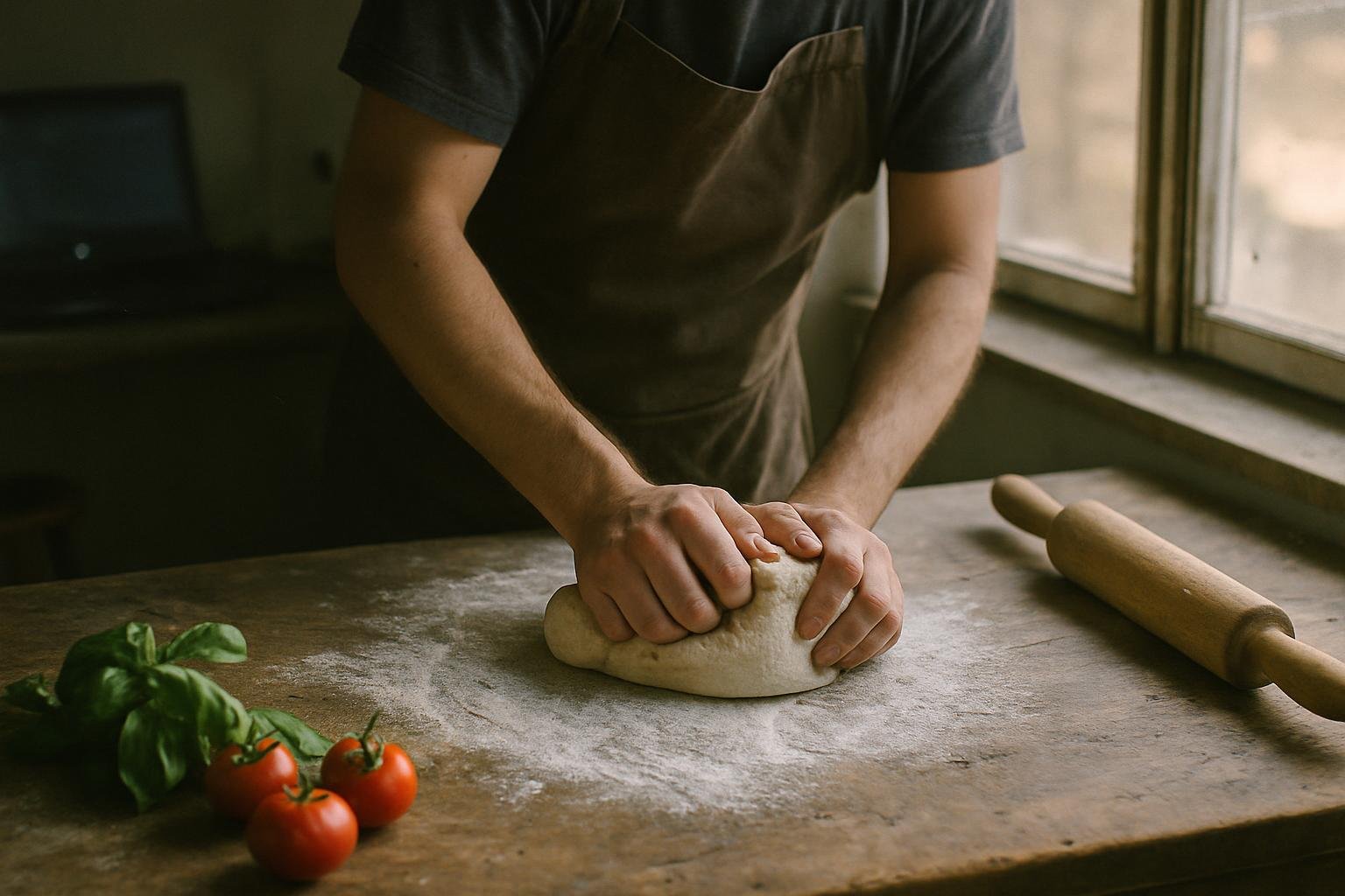 Techniques de pétrissage pour une pâte à pizza parfaite, étapes illustrées.